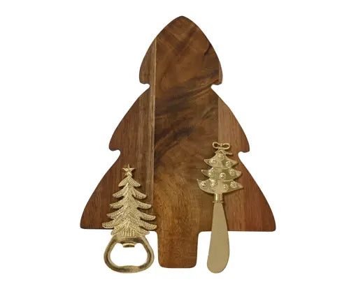 Christmas Tree Wooden Chopping Board with Bottle Opener and Cheese Knife