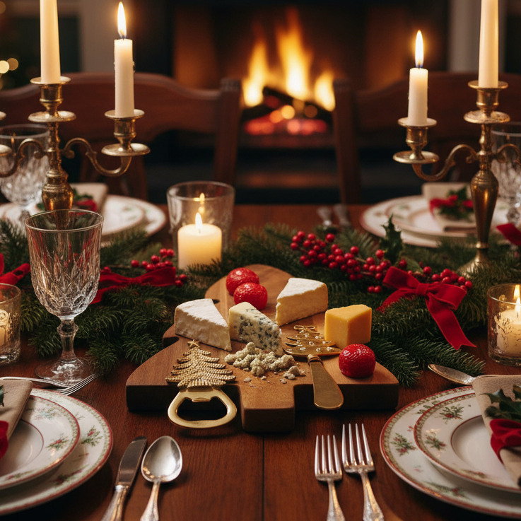 A beautifully set Christmas dinner table with candles, wine glasses, cheese on a wooden board, and holiday greenery, with a warm fireplace and blurred Christmas tree in the background.