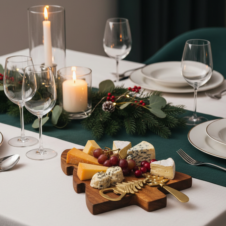 A styled Christmas dining table setting with a wooden charcuterie board holding assorted cheeses, grapes, and gold-toned utensils, surrounded by wine glasses, lit candles, and greenery.