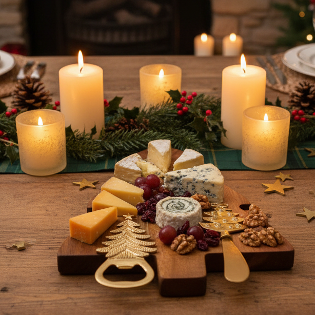 A wooden charcuterie board with cheese, grapes, nuts, and gold-toned bottle opener and star decorations, styled on a rustic table with lit candles and holiday greenery in the background.
