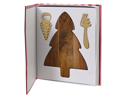 Christmas Tree Wooden Chopping Board with Bottle Opener and Cheese Knife