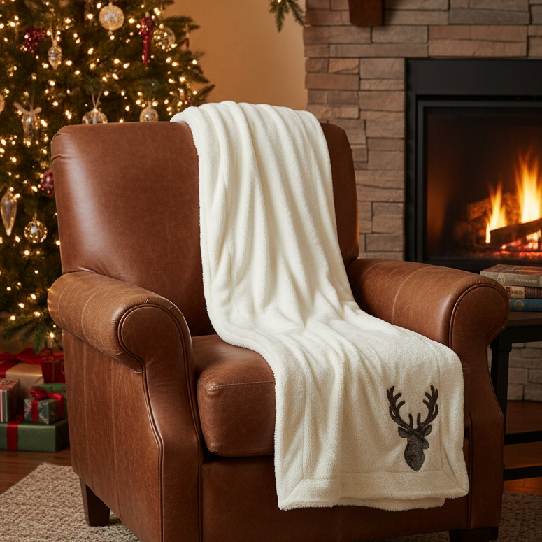 A cream-colored fleece throw blanket with a dark gray reindeer graphic is draped over a brown leather armchair in a cozy living room setting with a fireplace and a Christmas tree in the background.