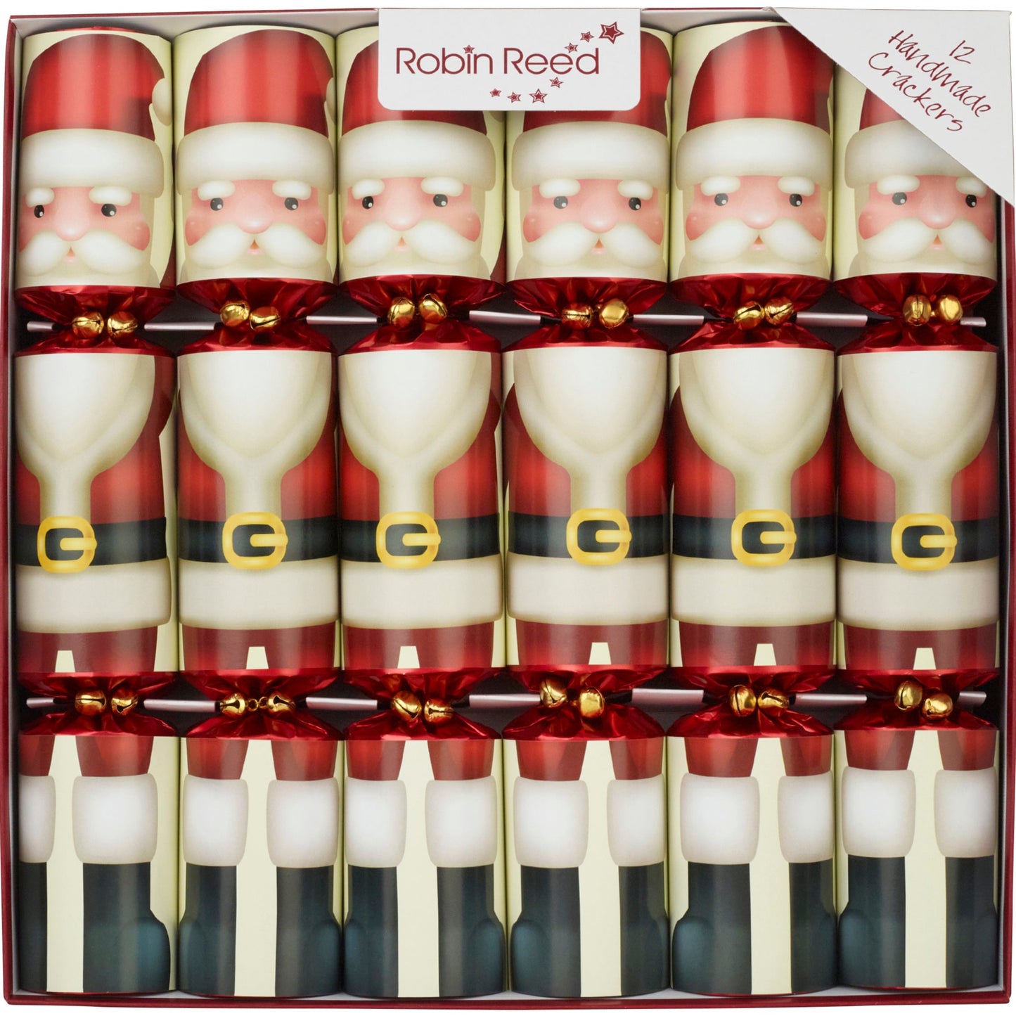 A set of twelve Robin Reed Father Christmas crackers, featuring a jolly Santa Claus design with a red and white outfit, gold accents, and a festive bow on each.