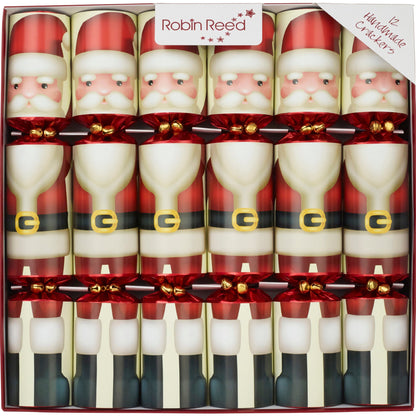 A set of twelve Robin Reed Father Christmas crackers, featuring a jolly Santa Claus design with a red and white outfit, gold accents, and a festive bow on each.