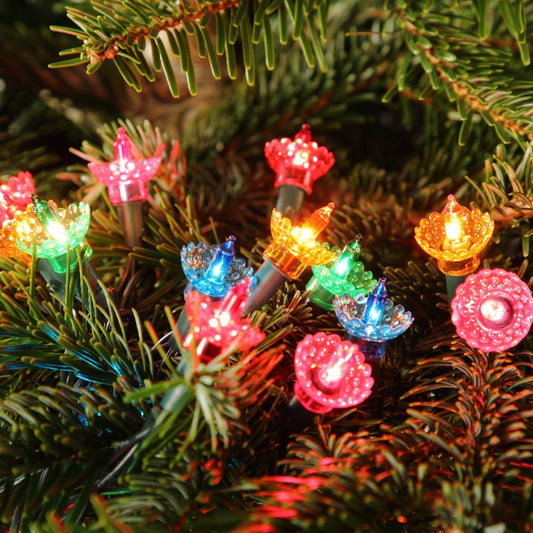 Vintage style Christmas tree lights with multi-colored LED bulbs, visible green cable, and bulbs arranged on a festive decoration.