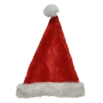 Red Santa hat with white fur trim on a white background