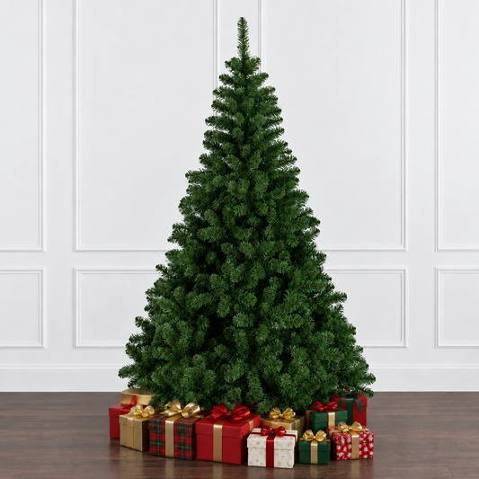 A tall artificial Christmas tree with dense green needles on a black metal stand, set against a white paneled wall and dark wood floor.