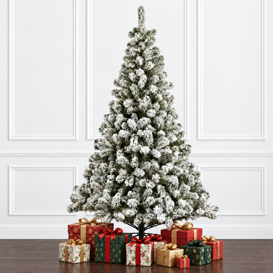 A tall artificial Christmas tree with white faux snow, displayed on a dark wood floor against a white paneled wall, with wrapped gift boxes around its base.