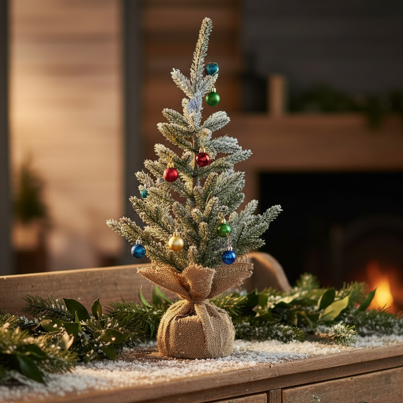 Small frosted Christmas tree on a wooden dresser with a fireplace in the background