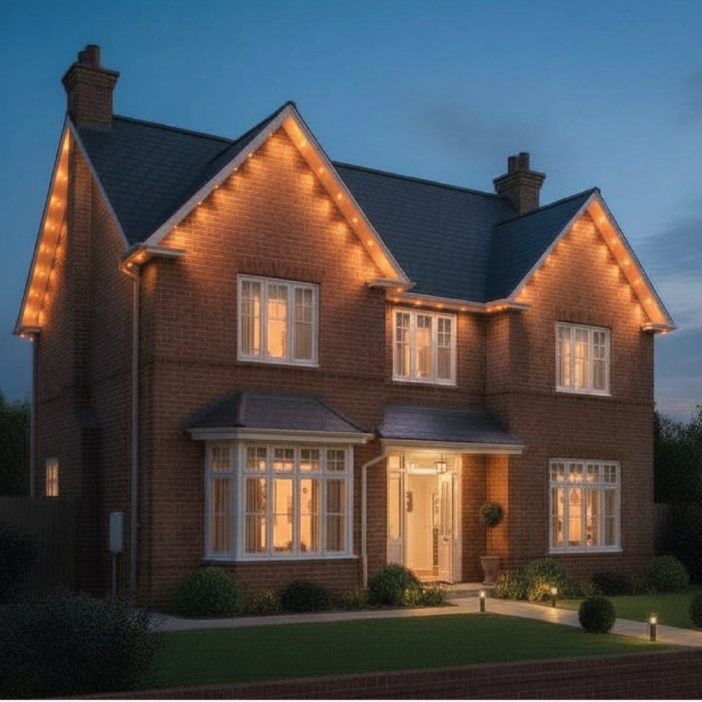 Brick house with illuminated windows at night