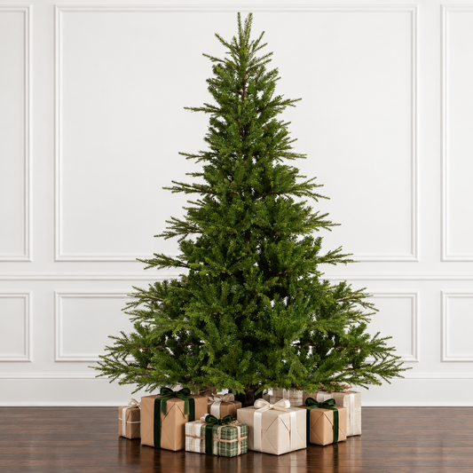 A tall artificial Christmas tree with dense green needles stands on a dark wood floor against a white paneled wall, with wrapped gift boxes placed around its base.