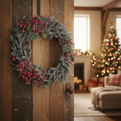 Snowy Red Berries and Pine Cones Christmas Wreath 60cm