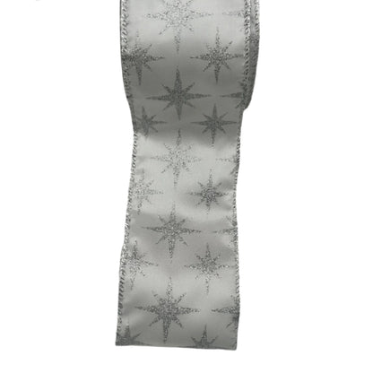 Silver and White Star Pattern Christmas Ribbon 5m