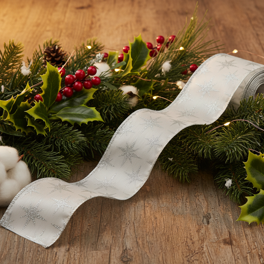 A roll of white ribbon with a silver glittery snowflake pattern, draped diagonally over a festive Christmas wreath on a wooden surface.