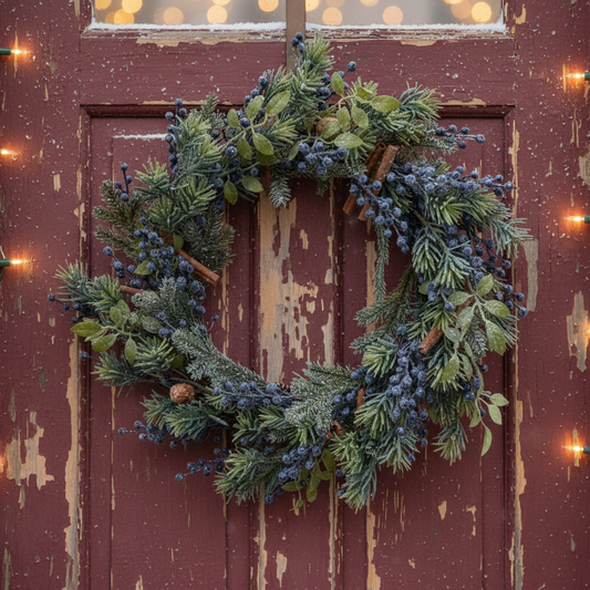 A circular green Christmas wreath decorated with frosted blue berries, cinnamon sticks, and nuts, hanging on a white door.