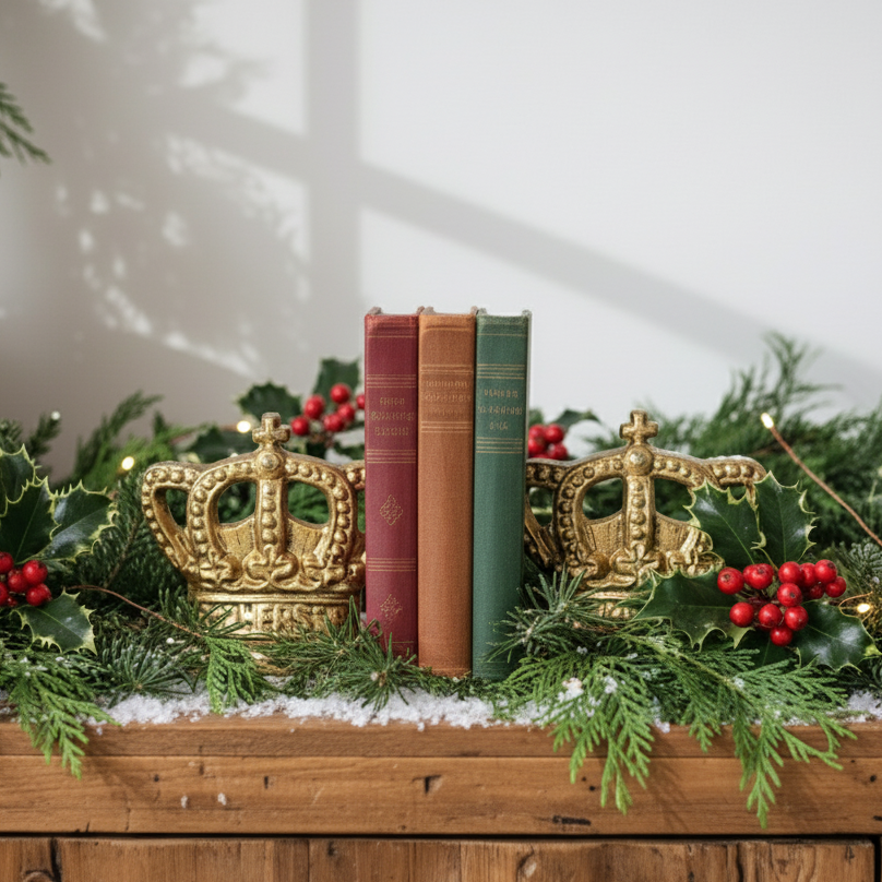 Decorative mantel with gold crowns, books, and greenery on a wooden surface.