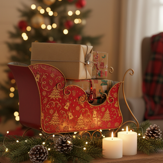 A red and gold decorative metal sleigh filled with wrapped presents, styled on a table with lit white candles, pinecones, evergreen branches, and a blurred Christmas tree in the background.