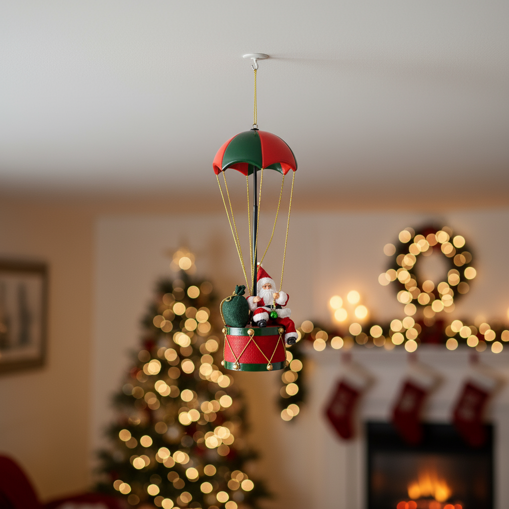 Decorative Christmas ornament with Santa Claus on a parachute against a festive background with a tree and stockings.