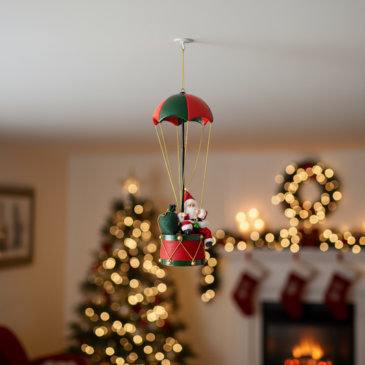 Decorative Christmas ornament with Santa Claus on a parachute against a festive background with a tree and stockings.