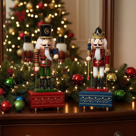 Two nutcrackers on a wooden surface with Christmas decorations and a tree in the background.