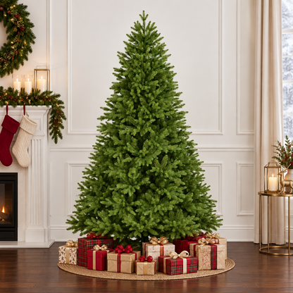 A tall artificial Christmas tree stands in a decorated room with white paneled walls, a fireplace mantel with stockings and wreath, and a side table with candles. Several wrapped Christmas presents sit on a round rug at the base of the tree.
