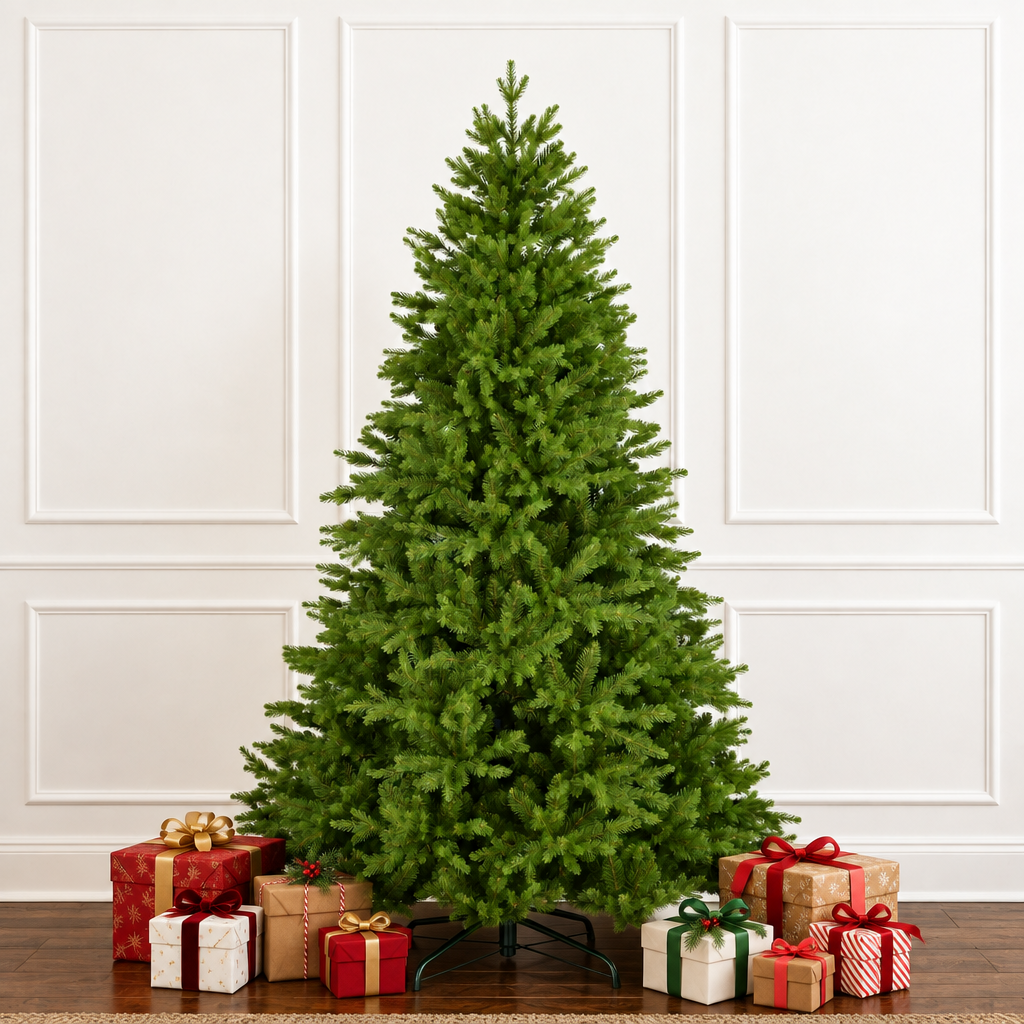 A tall artificial Christmas tree with dense green needles stands on a dark metal stand in a decorated room, surrounded by wrapped holiday gifts on a wooden floor against a white paneled wall.