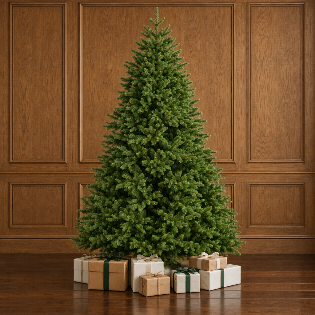 A tall artificial Christmas tree with dense green needles stands on a wooden floor against a brown wood-paneled wall, with wrapped gift boxes placed at its base.