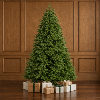 A tall artificial Christmas tree with dense green needles stands on a wooden floor against a brown wood-paneled wall, with wrapped gift boxes placed at its base.