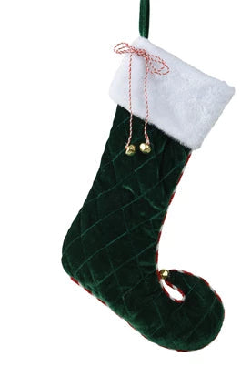 Green Christmas stocking with white cuff and gold bells on a white background