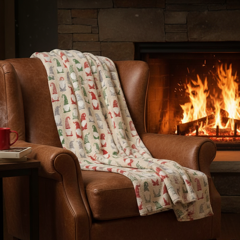 Fabric with a pattern of colorful gnomes on a beige background