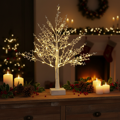 A decorative white tree light with glowing warm white branch lights on a rectangular base, displayed on a wooden table in a cozy holiday room with candles, pinecones, holly, and a blurred fireplace background.
