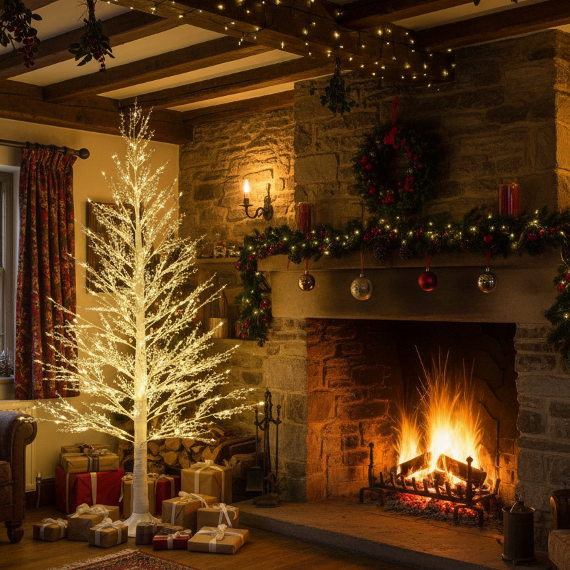 A glowing white Christmas tree with warm white string lights stands beside a stone fireplace in a cozy, festively decorated living room. The scene includes a burning fire, wrapped gifts, a wreath, garland, candles, and warm ambient lighting.