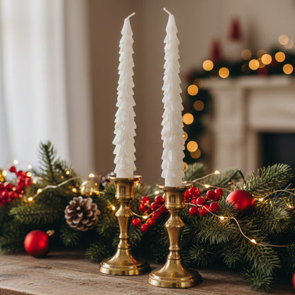 Set of 2 Metallic White Christmas Tree Dinner Candles