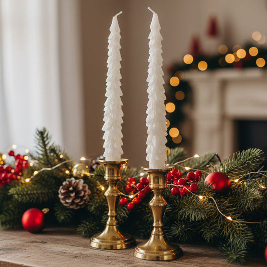 Set of 2 Metallic White Christmas Tree Dinner Candles