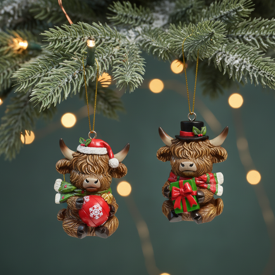 Two Christmas hanging ornaments shaped like Highland cows, displayed on a snowy pine tree branch with warm string lights. One cow wears a red Santa hat and holds a red ornament with a white snowflake.