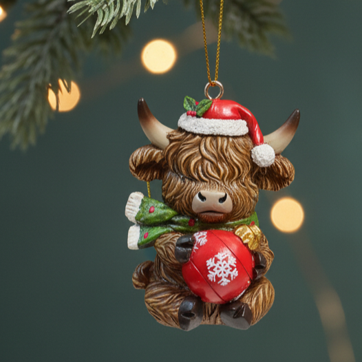 A festive Highland cow Christmas ornament hanging from a pine branch. The ornament features a brown shaggy cow wearing a red Santa hat, a green patterned scarf, and holding a red bell with a white snowflake design.