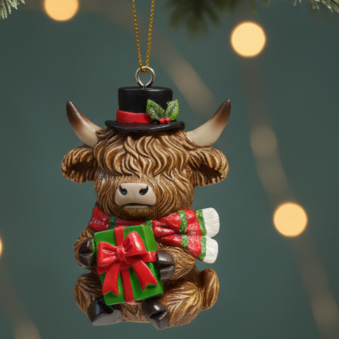 A festive Highland cow Christmas ornament wearing a black top hat with green holly accents, a red and green striped scarf, and holding a green gift box with a red bow, hanging against a blurred holiday background with warm bokeh lights.