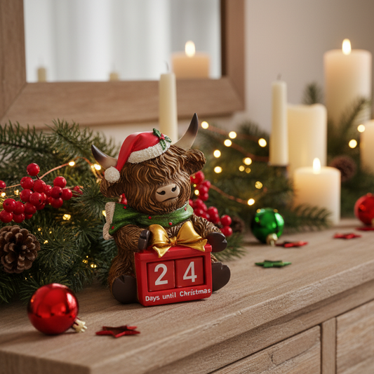 A festive Highland cow figurine wearing a red Santa hat and green scarf, holding a red calendar block that reads '24 Days until Christmas,' styled on a wooden surface with Christmas greenery, candles, pinecones, and ornaments.