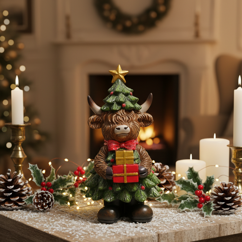 A festive Highland cow figurine decorated as a Christmas tree with a gold star, red bow, and gift box, displayed on a snowy tabletop with candles, pinecones, and holly in a cozy living room setting.