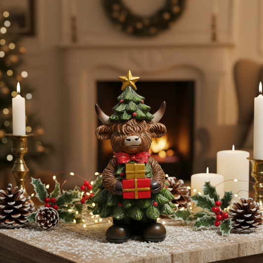 A festive Highland cow figurine decorated as a Christmas tree with a gold star, red bow, and gift box, displayed on a snowy tabletop with candles, pinecones, and holly in a cozy living room setting.
