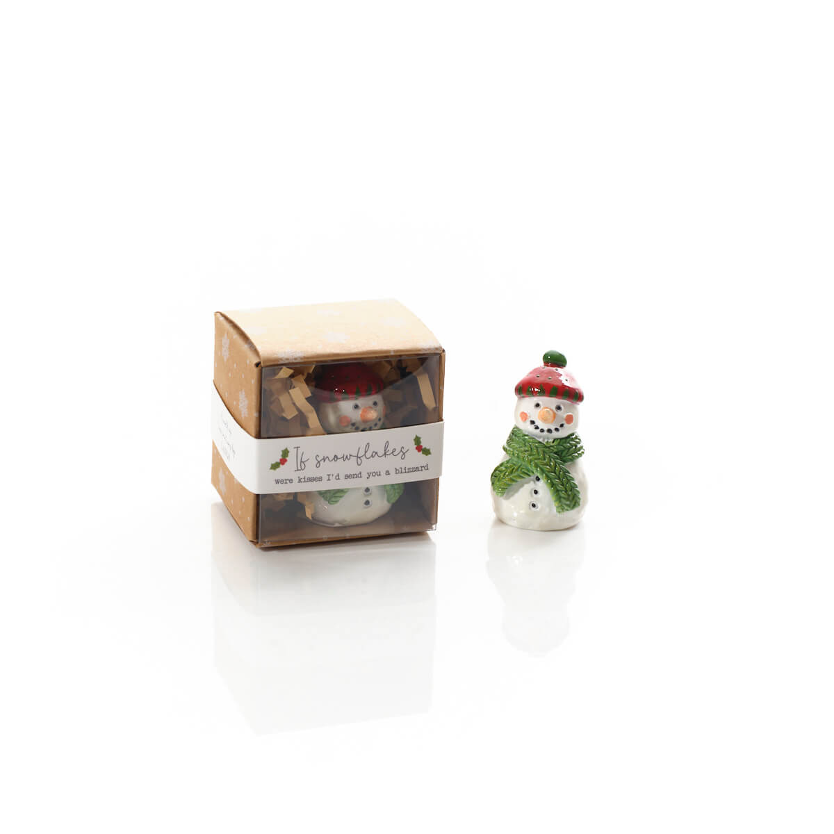 A small ceramic snowman figurine wearing a red hat and green scarf stands beside its clear windowed kraft paper box on a white reflective surface.