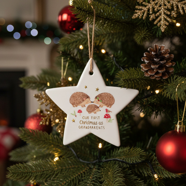 A white star-shaped ceramic Christmas ornament hanging on a decorated Christmas tree. The ornament features an illustration of three hedgehogs, small red mushrooms, gold stars, and the text 'Our First Christmas as Grandparents'.