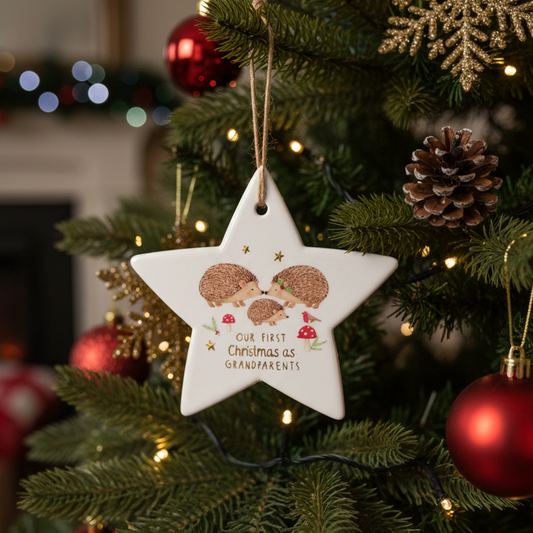A white star-shaped ceramic Christmas ornament hanging on a decorated Christmas tree. The ornament features an illustration of three hedgehogs, small red mushrooms, gold stars, and the text 'Our First Christmas as Grandparents'.