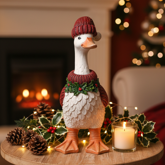 A decorative duck figurine wearing a red knit hat and sweater with a green holly garland, displayed on a wooden table with holiday greenery, pinecones, and a lit candle in a cosy indoor setting.