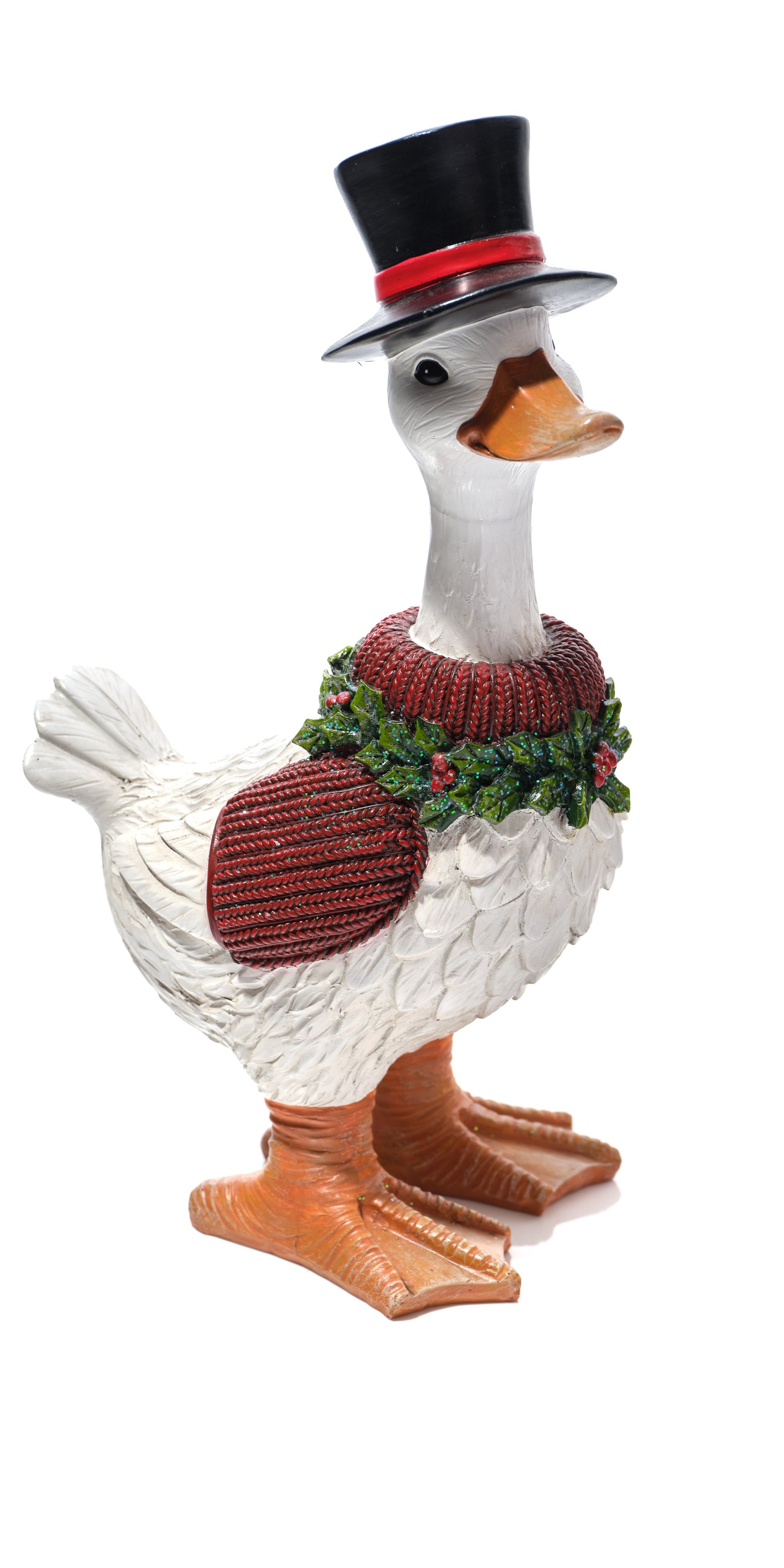A decorative duck figurine wearing a black top hat with a red band, a red knit sweater, and a green holly garland, standing on a white background.