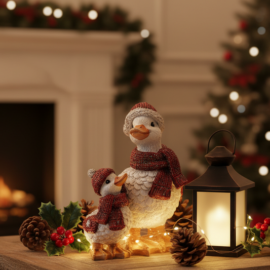 A festive Christmas ornament featuring a mother duck and her duckling, both wearing red knit scarves and hats, displayed on a wooden surface with a glowing lantern, pinecones, holly, and a blurred holiday fireplace background.