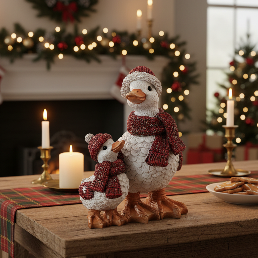 A decorative mother and baby duck figurines dressed in red knit hats and scarves, displayed on a wooden table in a cosy holiday living room setting with candles, a fireplace, and Christmas decorations in the background.