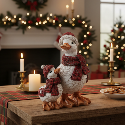A decorative mother and baby duck figurines dressed in red knit hats and scarves, displayed on a wooden table in a cosy holiday living room setting with candles, a fireplace, and Christmas decorations in the background.