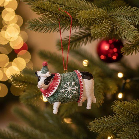 A small cow-shaped Christmas ornament wearing a green knit sweater with a white snowflake and red trim, hanging from a red string on a decorated Christmas tree with warm lights and a red ornament in the background.