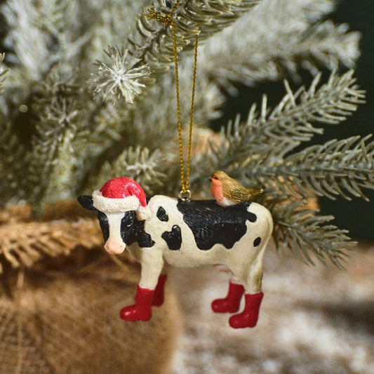 Friesian Cow with Robin Christmas Tree Ornament